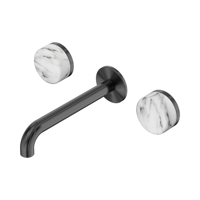 An image of Nero Tapware's Serenity Wall Basin Set 185mm Spout With Arabescato Corchia Handle Gun Metal