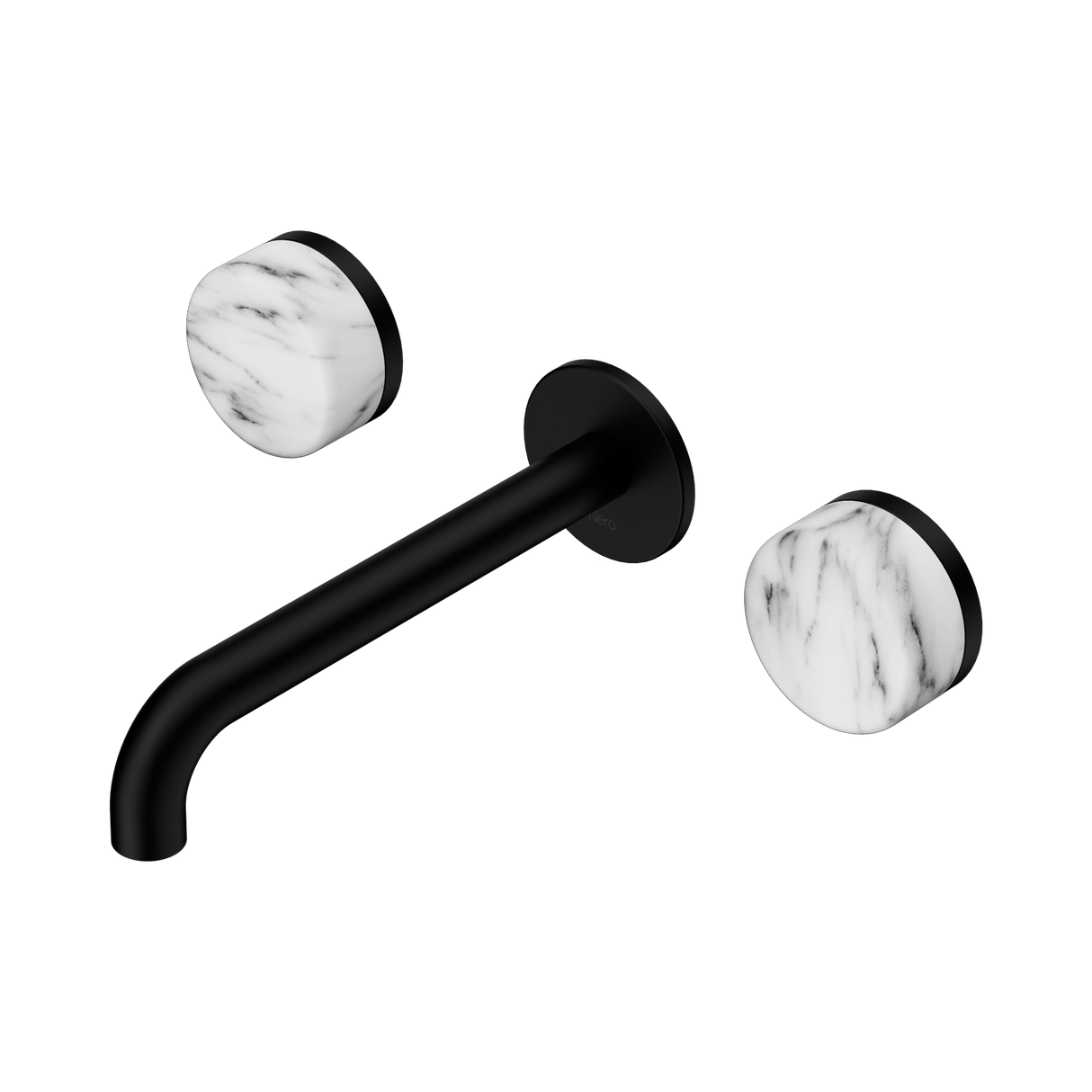 An image of Nero Tapware's Serenity Wall Basin Set 185mm Spout With Arabescato Corchia Handle Matt Black