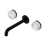 An image of Nero Tapware's Serenity Wall Basin Set 185mm Spout With Arabescato Corchia Handle Matt Black