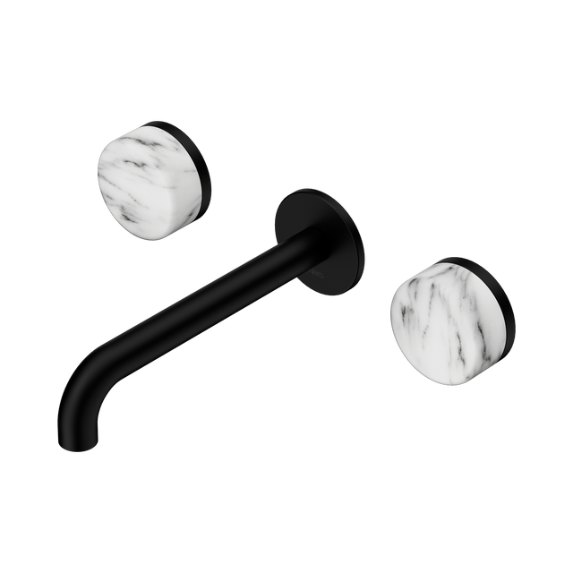 An image of Nero Tapware's Serenity Wall Basin Set 185mm Spout With Arabescato Corchia Handle Matt Black