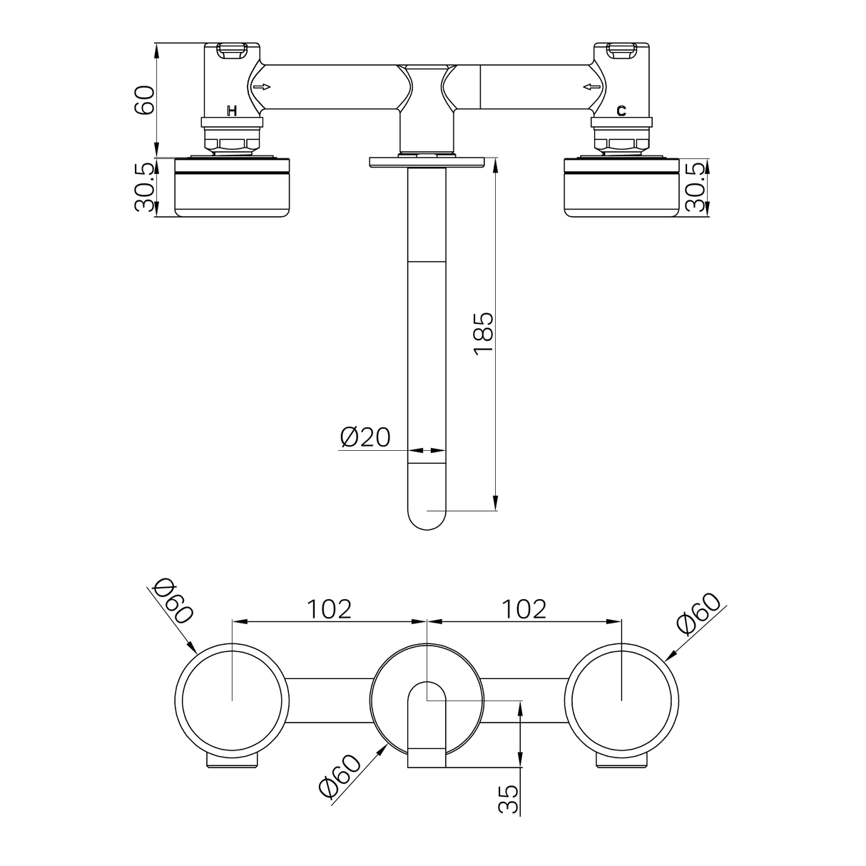 A line drawing of Nero Tapware's Serenity Wall Basin Set 185mm Spout With Arabescato Corchia Handle Chrome