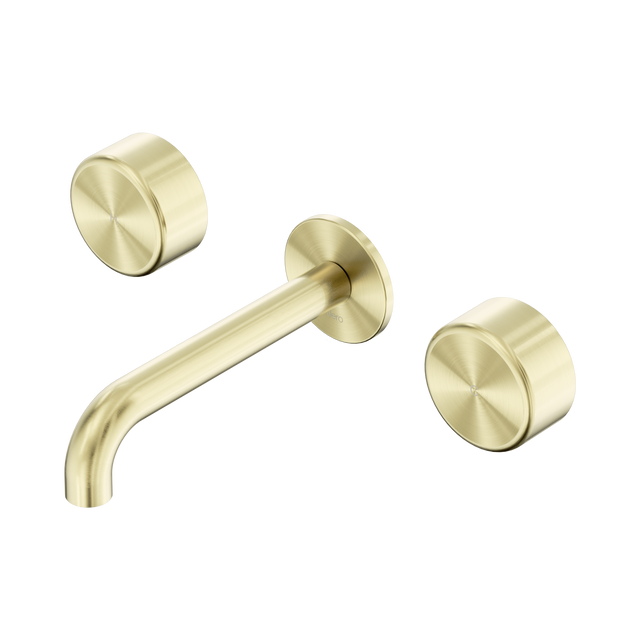 An image of Nero Tapware's Serenity Wall Basin Set 185mm Spout With Metal Handle Brushed Gold