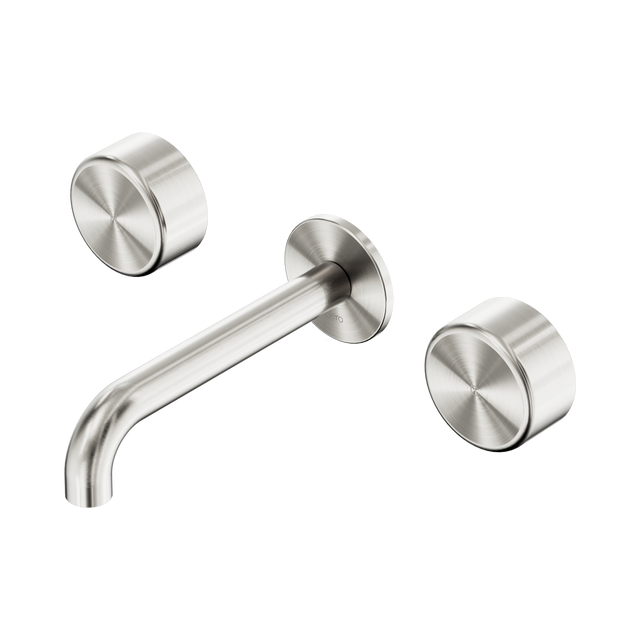An image of Nero Tapware's Serenity Wall Basin Set 185mm Spout With Metal Handle Brushed Nickel
