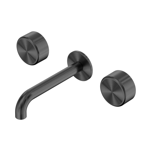 An image of Nero Tapware's Serenity Wall Basin Set 185mm Spout With Metal Handle Gun Metal