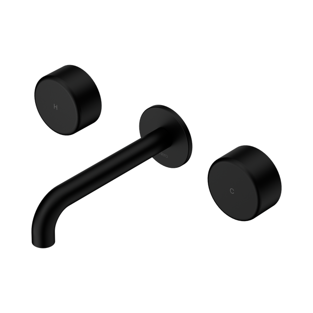 An image of Nero Tapware's Serenity Wall Basin Set 185mm Spout With Metal Handle Matt Black
