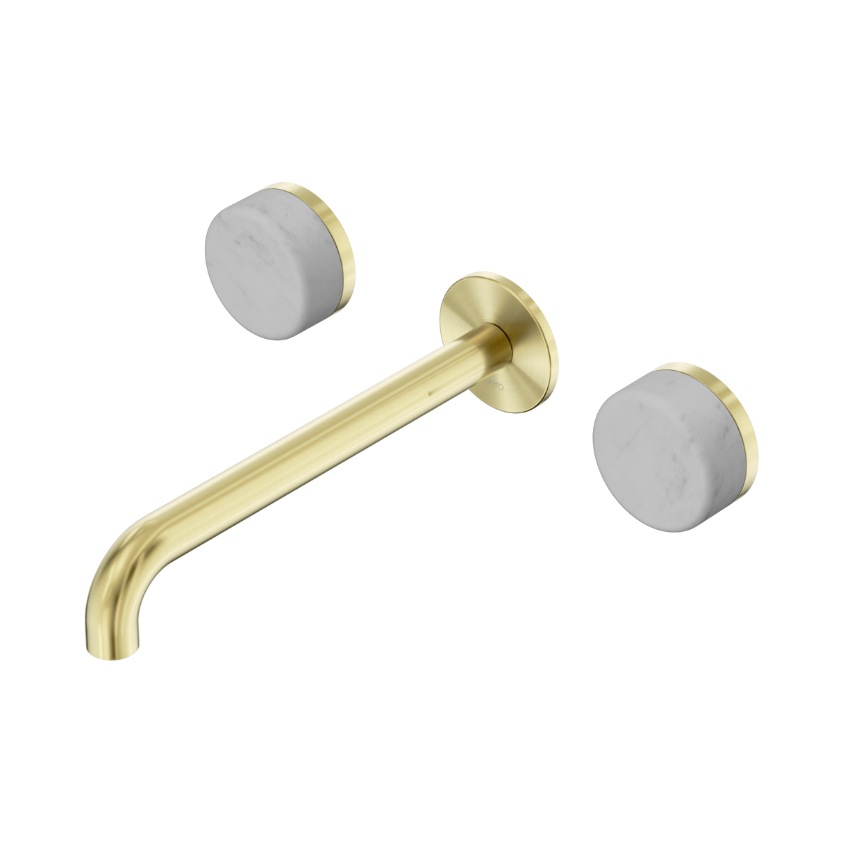 An image of Nero Tapware's Serenity Wall Basin Set 220mm Spout With Carrara Handle Brushed Gold