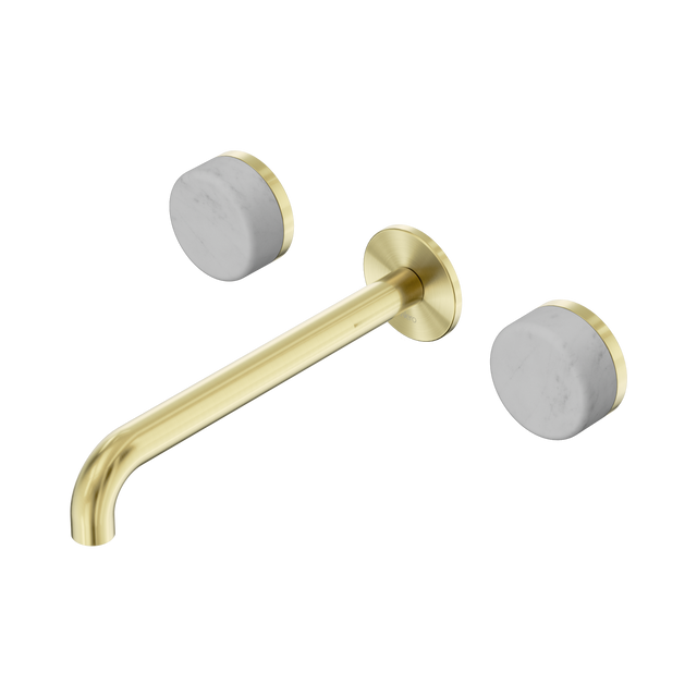 An image of Nero Tapware's Serenity Wall Basin Set 220mm Spout With Carrara Handle Brushed Gold