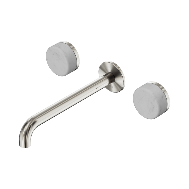 An image of Nero Tapware's Serenity Wall Basin Set 220mm Spout With Carrara Handle Brushed Nickel