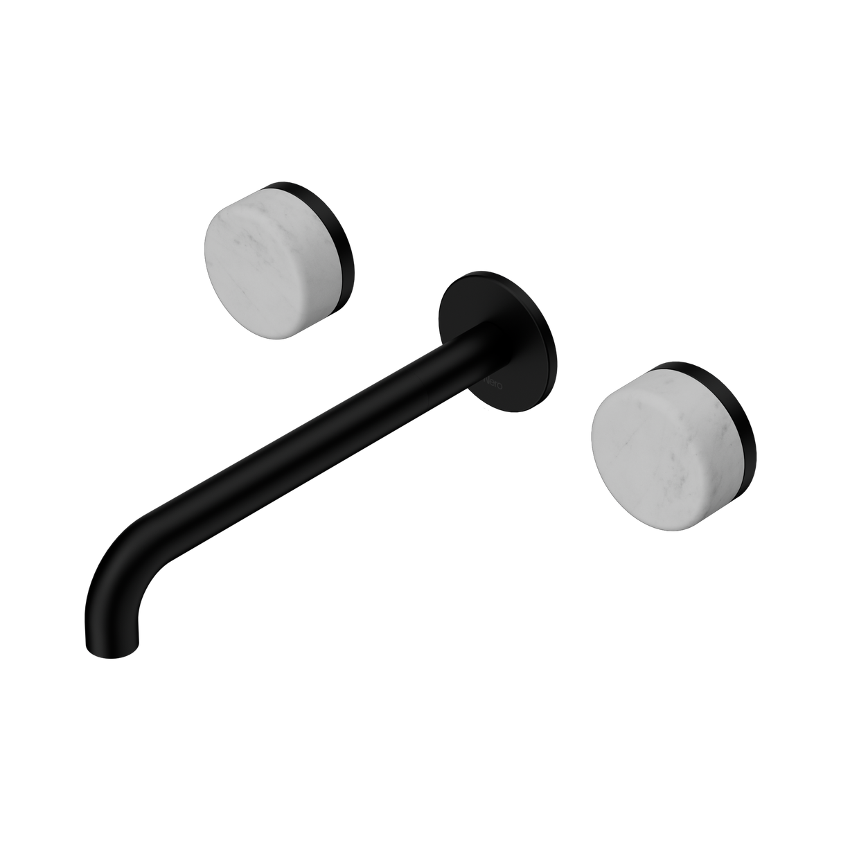 An image of Nero Tapware's Serenity Wall Basin Set 220mm Spout With Carrara Handle Matt Black