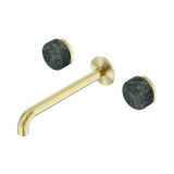 An image of Nero Tapware's Serenity Wall Basin Set 220mm Spout With Verde Alpi Handle Brushed Gold