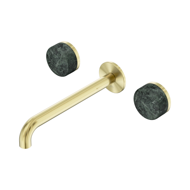 An image of Nero Tapware's Serenity Wall Basin Set 220mm Spout With Verde Alpi Handle Brushed Gold