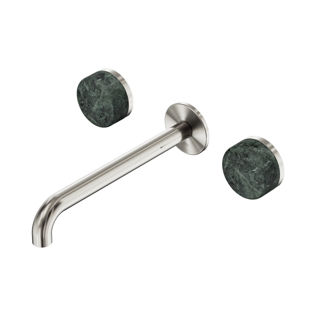 An image of Nero Tapware's Serenity Wall Basin Set 220mm Spout With Verde Alpi Handle Brushed Nickel