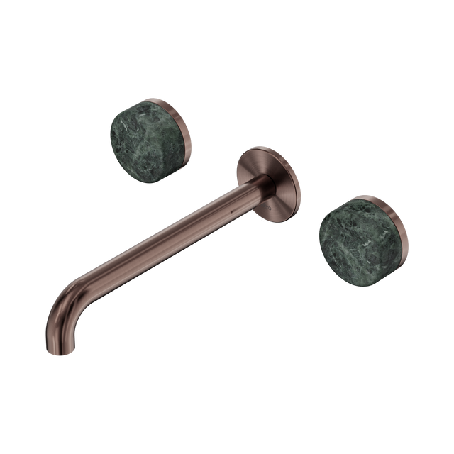 An image of Nero Tapware's Serenity Wall Basin Set 220mm Spout With Verde Alpi Handle Brushed Bronze