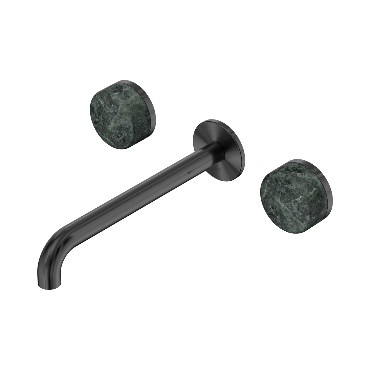 An image of Nero Tapware's Serenity Wall Basin Set 220mm Spout With Verde Alpi Handle Gun Metal