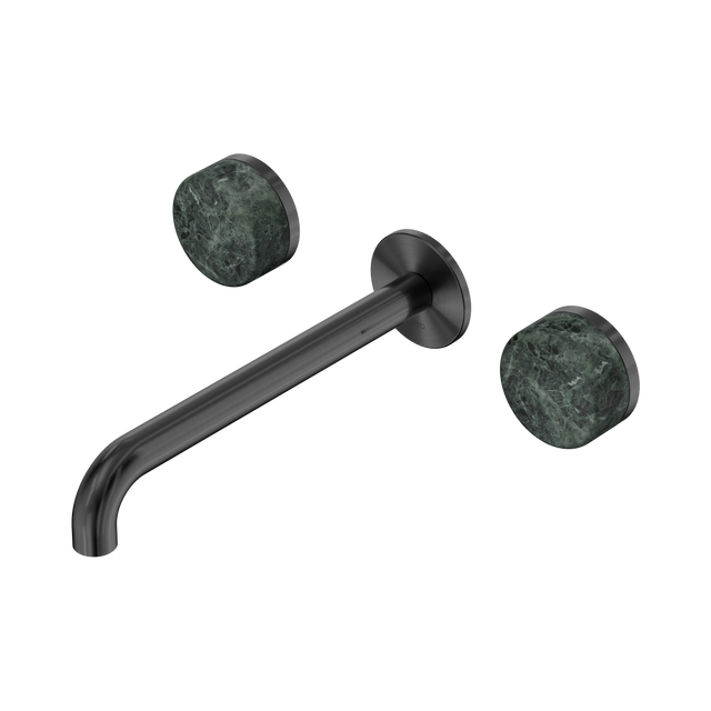 An image of Nero Tapware's Serenity Wall Basin Set 220mm Spout With Verde Alpi Handle Gun Metal