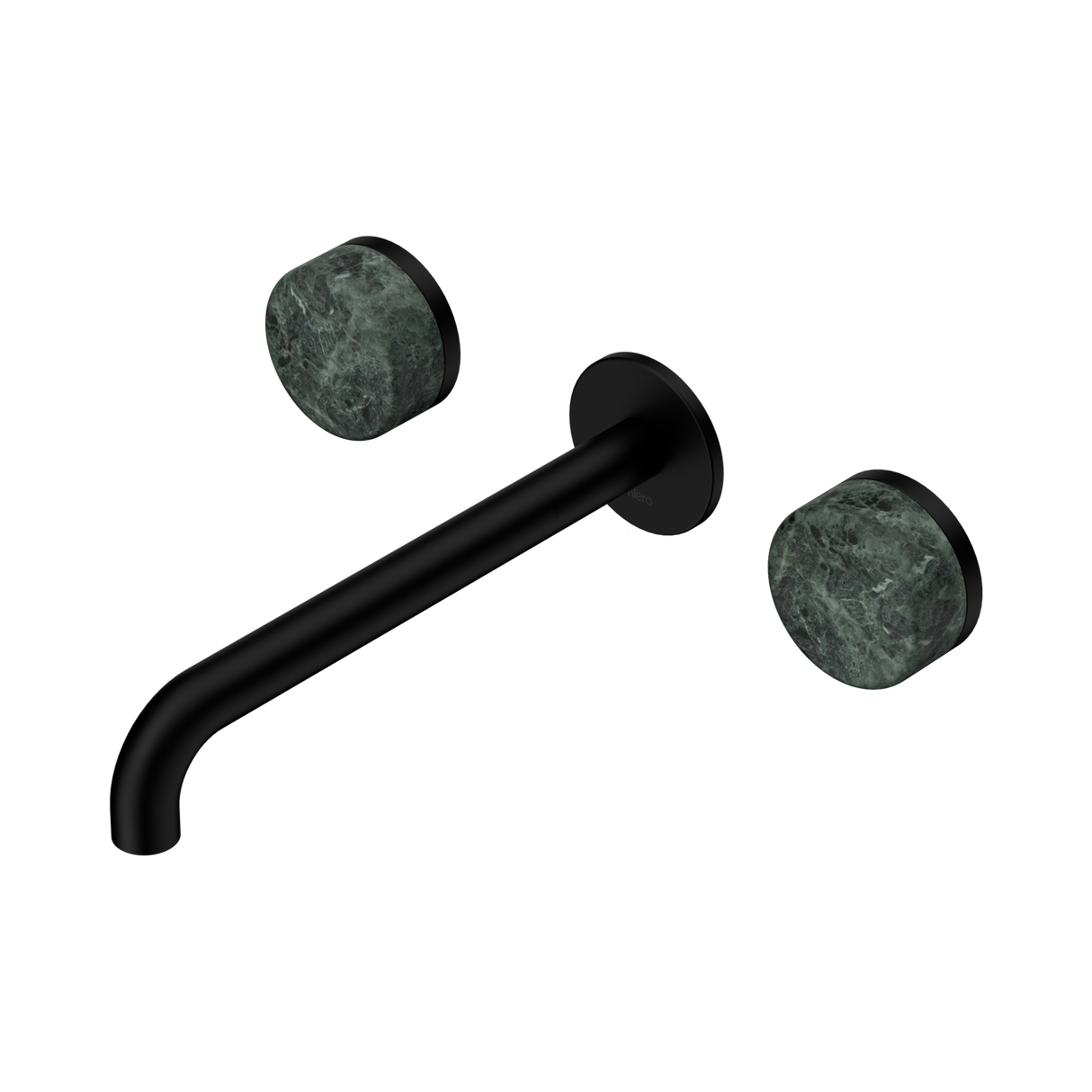 An image of Nero Tapware's Serenity Wall Basin Set 220mm Spout With Verde Alpi Handle Matt Black