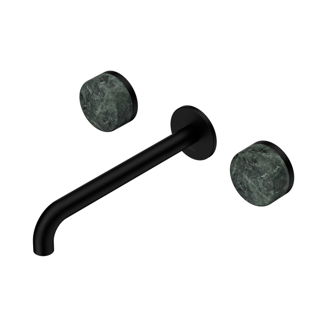 An image of Nero Tapware's Serenity Wall Basin Set 220mm Spout With Verde Alpi Handle Matt Black