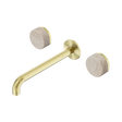 An image of Nero Tapware's Serenity Wall Basin Set 220mm Spout With Rome Travertine Handle Brushed Gold