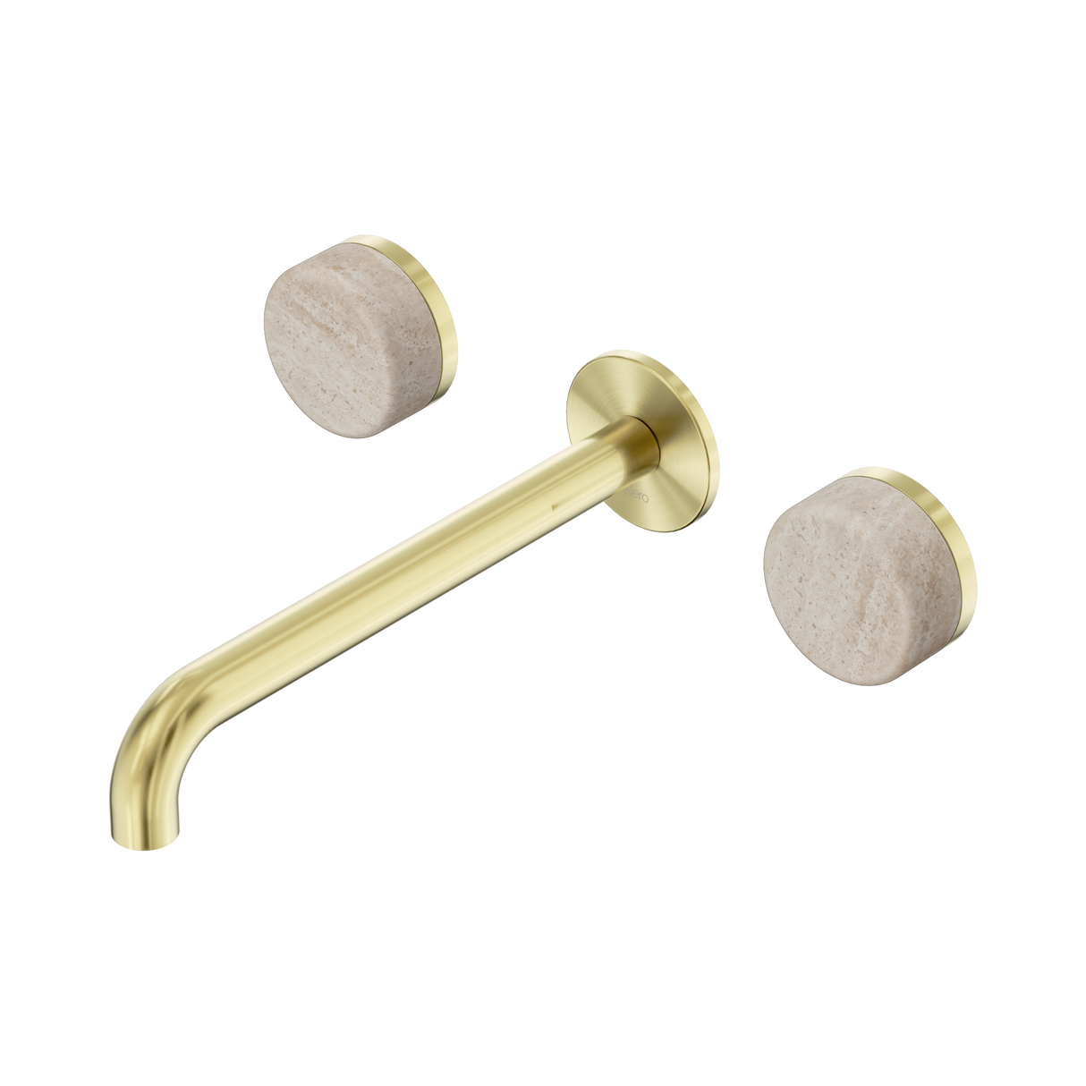 An image of Nero Tapware's Serenity Wall Basin Set 220mm Spout With Rome Travertine Handle Brushed Gold