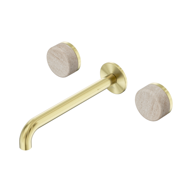 An image of Nero Tapware's Serenity Wall Basin Set 220mm Spout With Rome Travertine Handle Brushed Gold