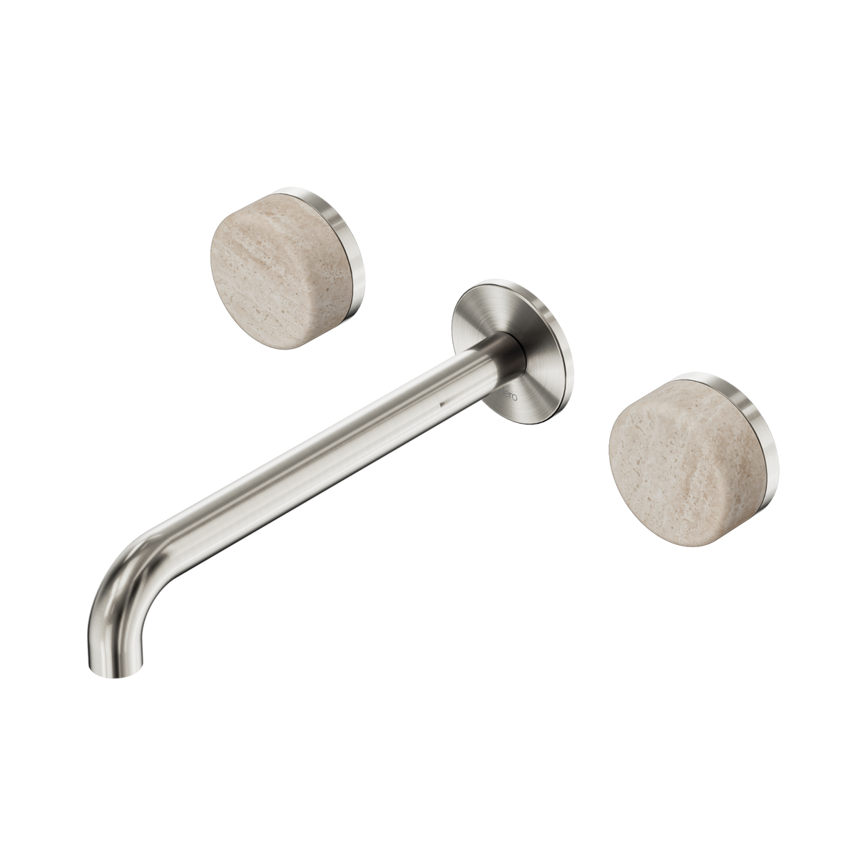 An image of Nero Tapware's Serenity Wall Basin Set 220mm Spout With Rome Travertine Handle Brushed Nickel
