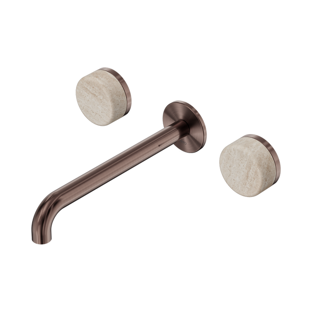 An image of Nero Tapware's Serenity Wall Basin Set 220mm Spout With Rome Travertine Handle Brushed Bronze