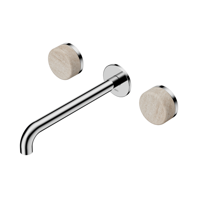 An image of Nero Tapware's Serenity Wall Basin Set 220mm Spout With Rome Travertine Handle Chrome