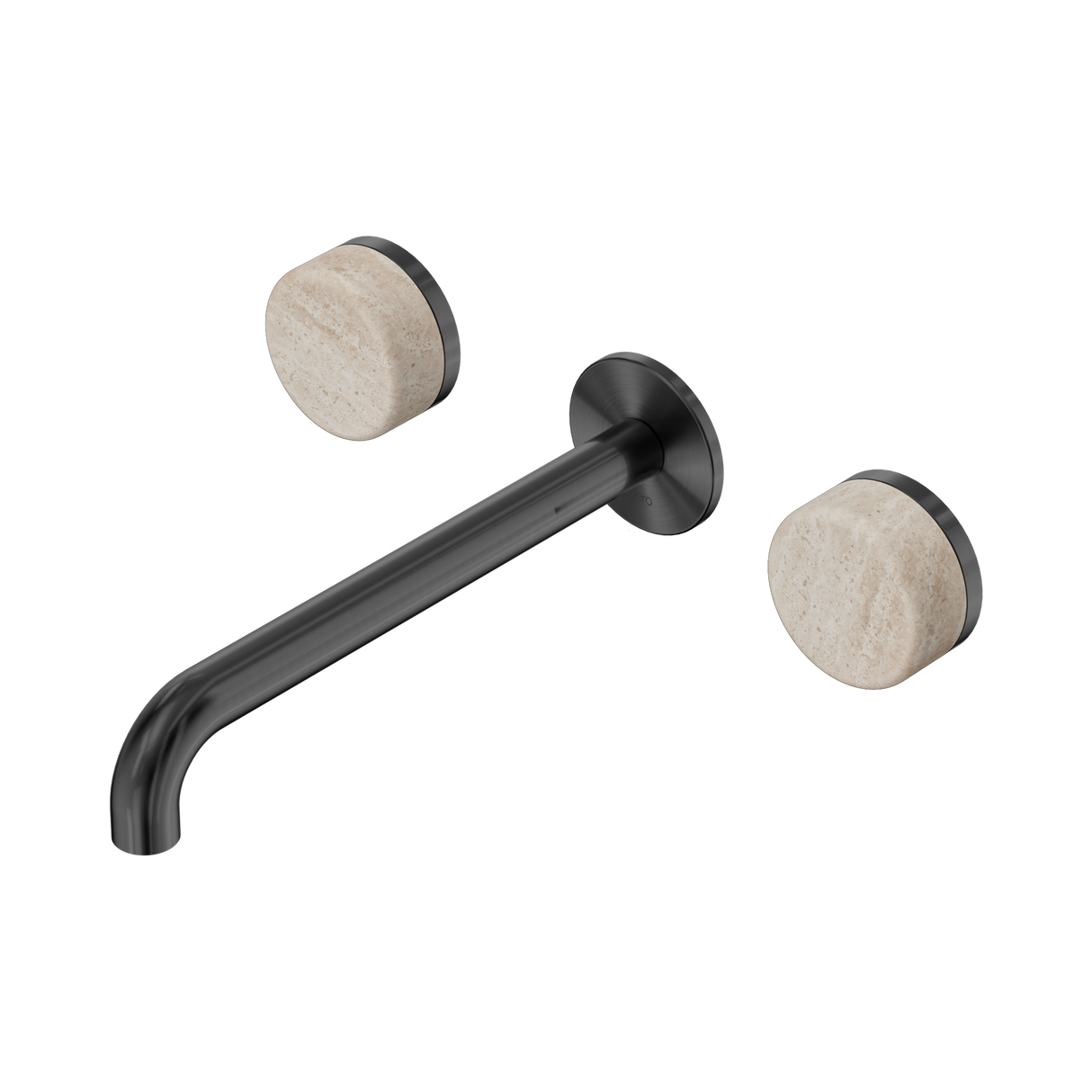 An image of Nero Tapware's Serenity Wall Basin Set 220mm Spout With Rome Travertine Handle Gun Metal