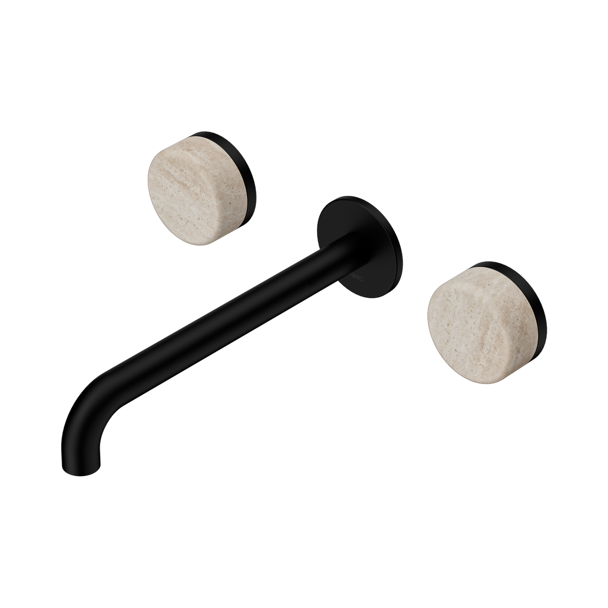 An image of Nero Tapware's Serenity Wall Basin Set 220mm Spout With Rome Travertine Handle Matt Black