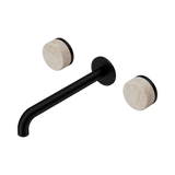 An image of Nero Tapware's Serenity Wall Basin Set 220mm Spout With Rome Travertine Handle Matt Black