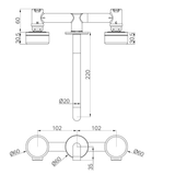 A line drawing of Nero Tapware's Serenity Wall Basin Set 220mm Spout With Arabescato Corchia Handle Brushed Bronze