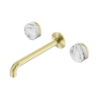 An image of Nero Tapware's Serenity Wall Basin Set 220mm Spout With Arabescato Corchia Handle Brushed Gold