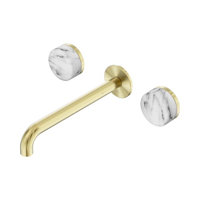 An image of Nero Tapware's Serenity Wall Basin Set 220mm Spout With Arabescato Corchia Handle Brushed Gold
