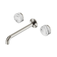 An image of Nero Tapware's Serenity Wall Basin Set 220mm Spout With Arabescato Corchia Handle Brushed Nickel