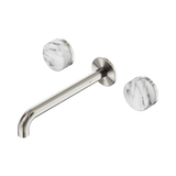An image of Nero Tapware's Serenity Wall Basin Set 220mm Spout With Arabescato Corchia Handle Brushed Nickel