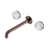 An image of Nero Tapware's Serenity Wall Basin Set 220mm Spout With Arabescato Corchia Handle Brushed Bronze