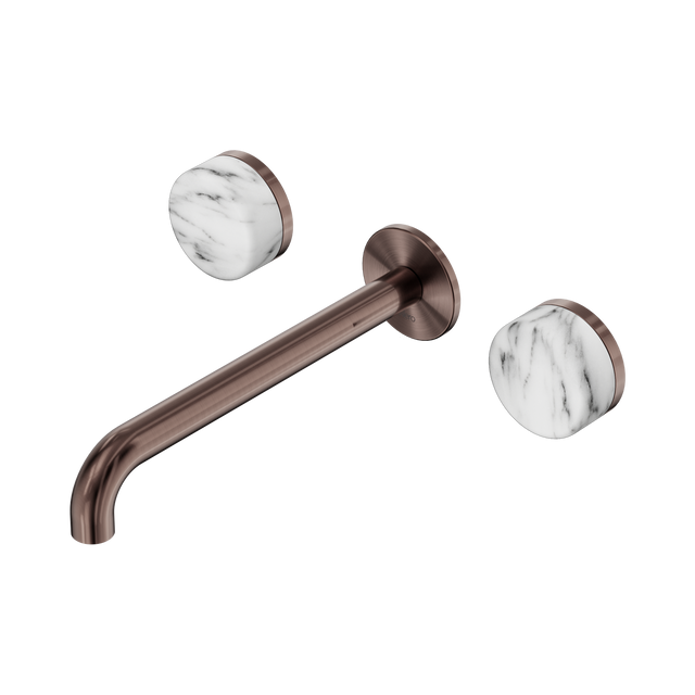 An image of Nero Tapware's Serenity Wall Basin Set 220mm Spout With Arabescato Corchia Handle Brushed Bronze