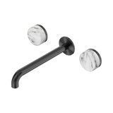An image of Nero Tapware's Serenity Wall Basin Set 220mm Spout With Arabescato Corchia Handle Gun Metal