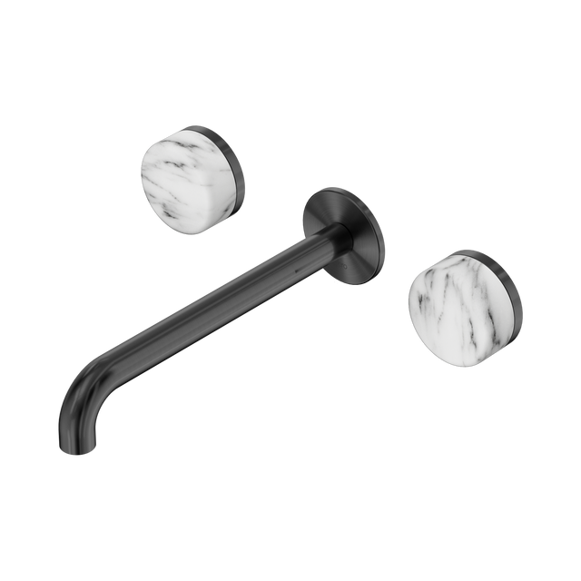 An image of Nero Tapware's Serenity Wall Basin Set 220mm Spout With Arabescato Corchia Handle Gun Metal