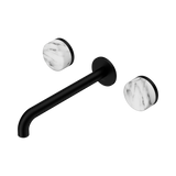An image of Nero Tapware's Serenity Wall Basin Set 220mm Spout With Arabescato Corchia Handle Matt Black