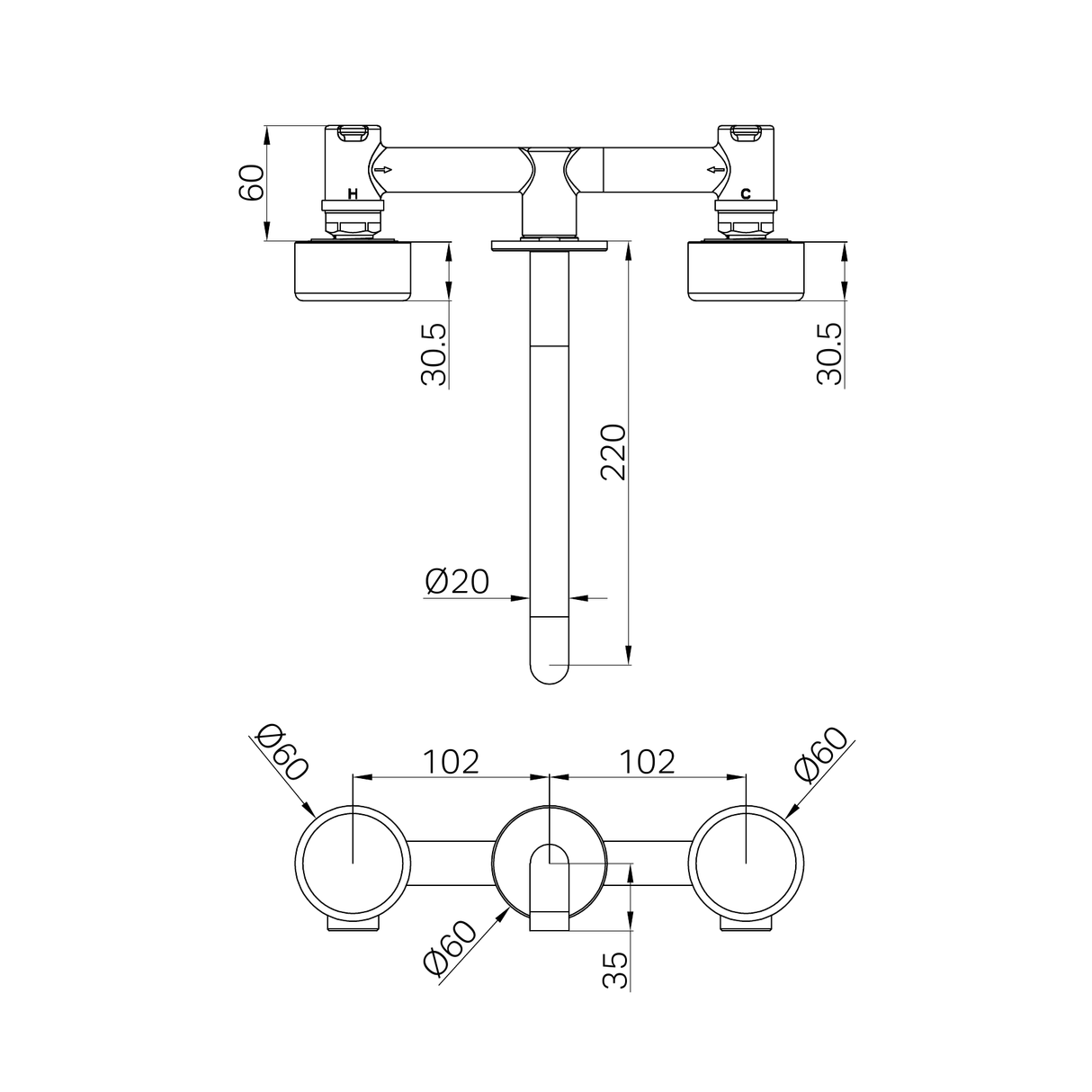 A line drawing of Nero Tapware's Serenity Wall Basin Set 220mm Spout With Metal Handle Brushed Bronze