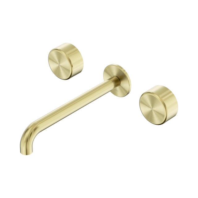 An image of Nero Tapware's Serenity Wall Basin Set 220mm Spout With Metal Handle Brushed Gold