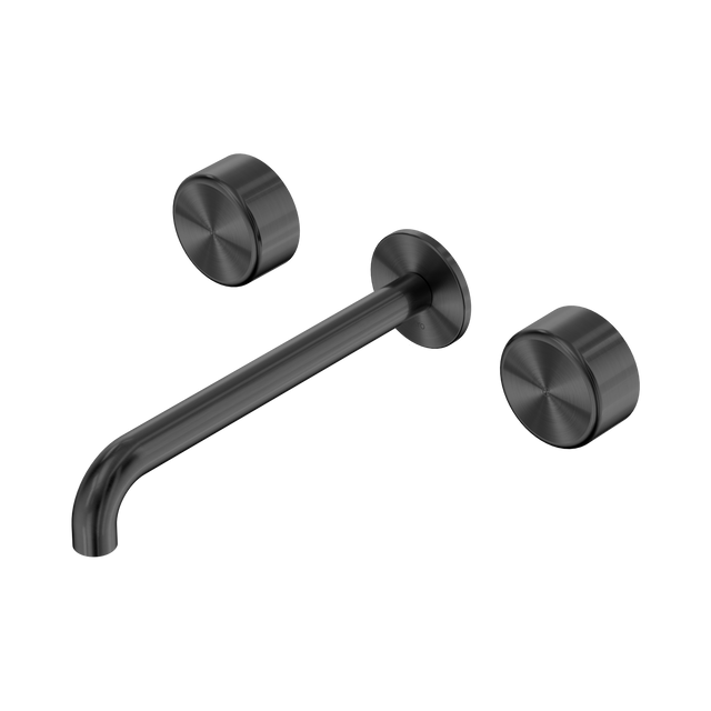 An image of Nero Tapware's Serenity Wall Basin Set 220mm Spout With Metal Handle Gun Metal