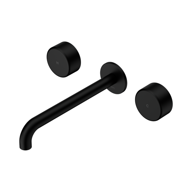 An image of Nero Tapware's Serenity Wall Basin Set 220mm Spout With Metal Handle Matt Black