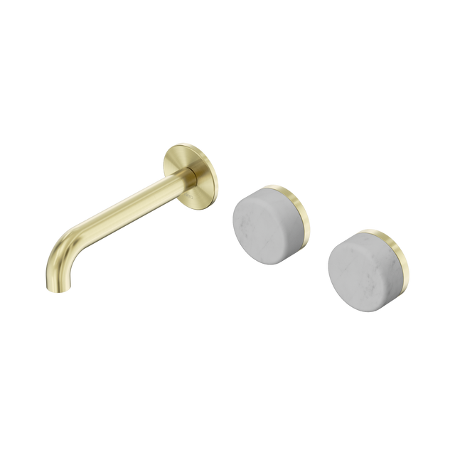 An image of Nero Tapware's Serenity Wall Basin Set 160mm Offset Spout With Carrara Handle Brushed Gold