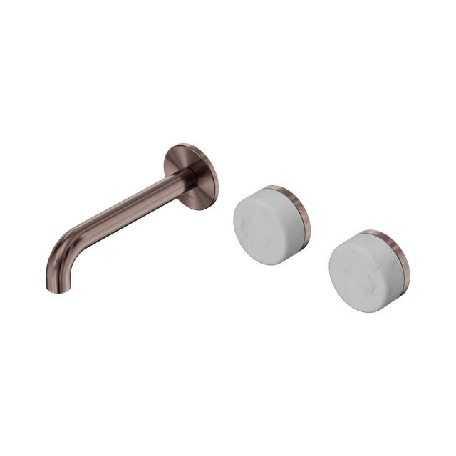 An image of Nero Tapware's Serenity Wall Basin Set 160mm Offset Spout With Carrara Handle Brushed Bronze