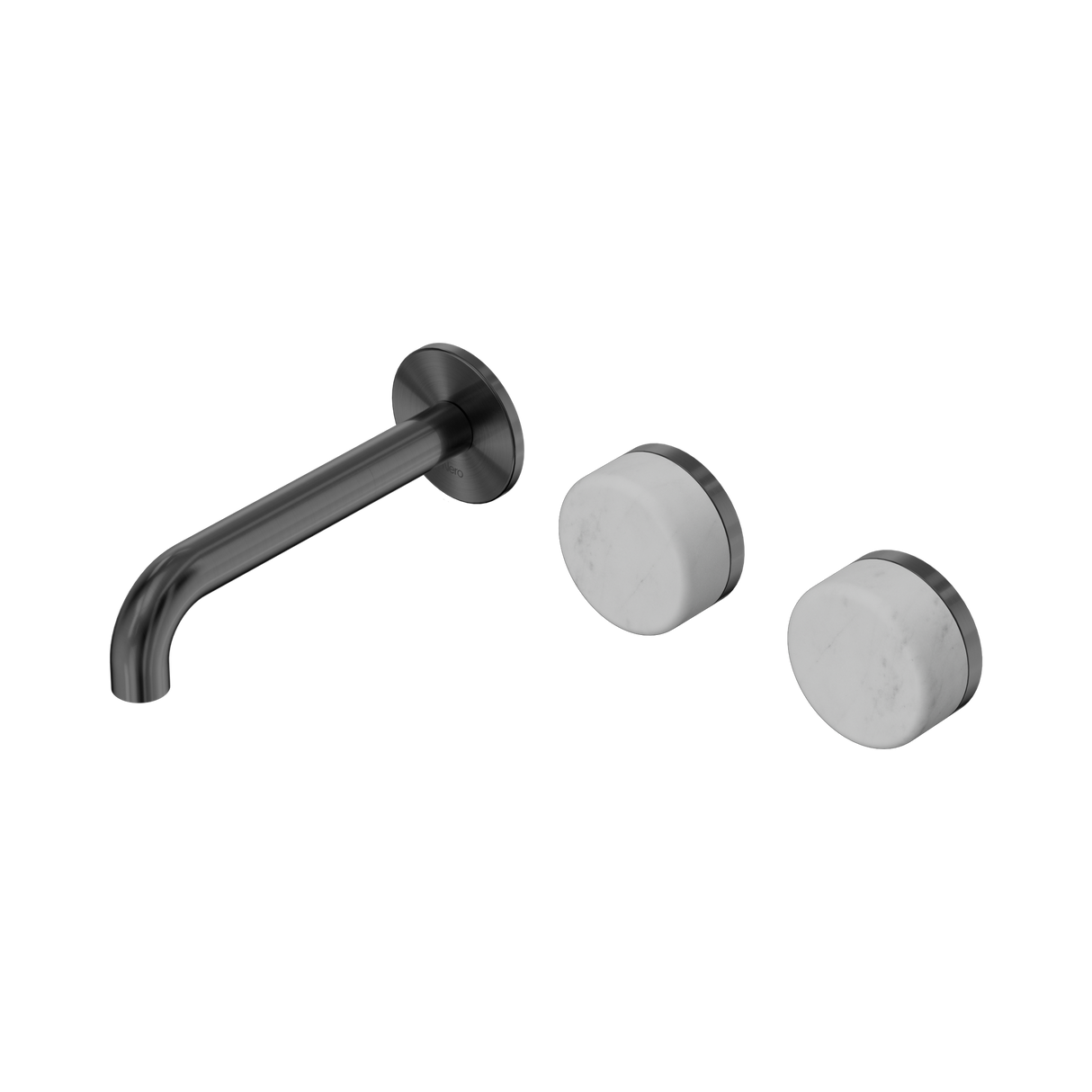 An image of Nero Tapware's Serenity Wall Basin Set 160mm Offset Spout With Carrara Handle Gun Metal