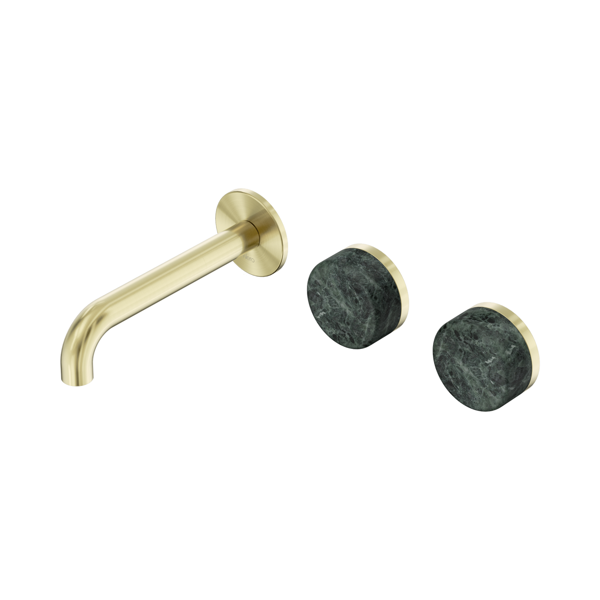 An image of Nero Tapware's Serenity Wall Basin Set 160mm Offset Spout With Verde Alpi Handle Brushed Gold