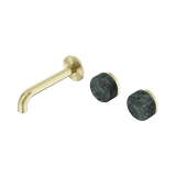 An image of Nero Tapware's Serenity Wall Basin Set 160mm Offset Spout With Verde Alpi Handle Brushed Gold
