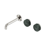 An image of Nero Tapware's Serenity Wall Basin Set 160mm Offset Spout With Verde Alpi Handle Brushed Nickel